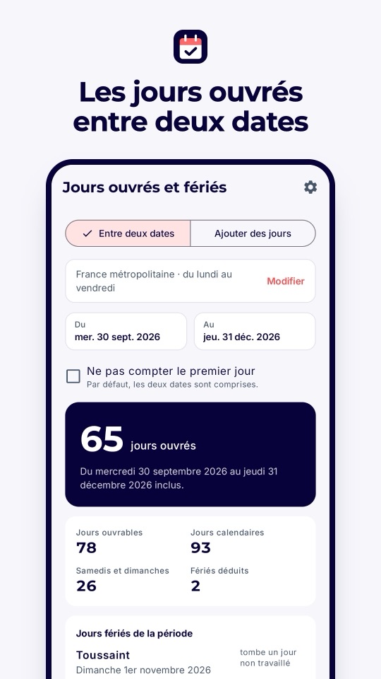 Écran Calculer : les jours ouvrés entre deux dates, jours fériés déduits