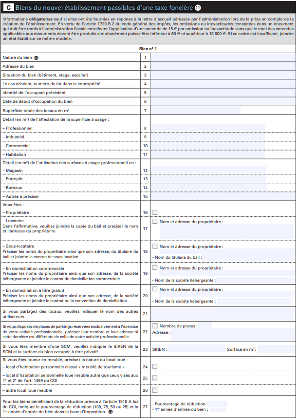 Déclaration CFE : Cadre C - Biens du nouvel etablissement