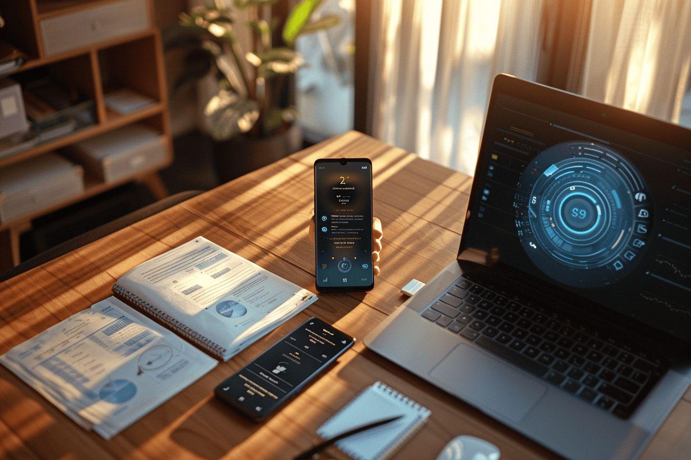 Bureau avec ordinateur portable, smartphones et documents au soleil