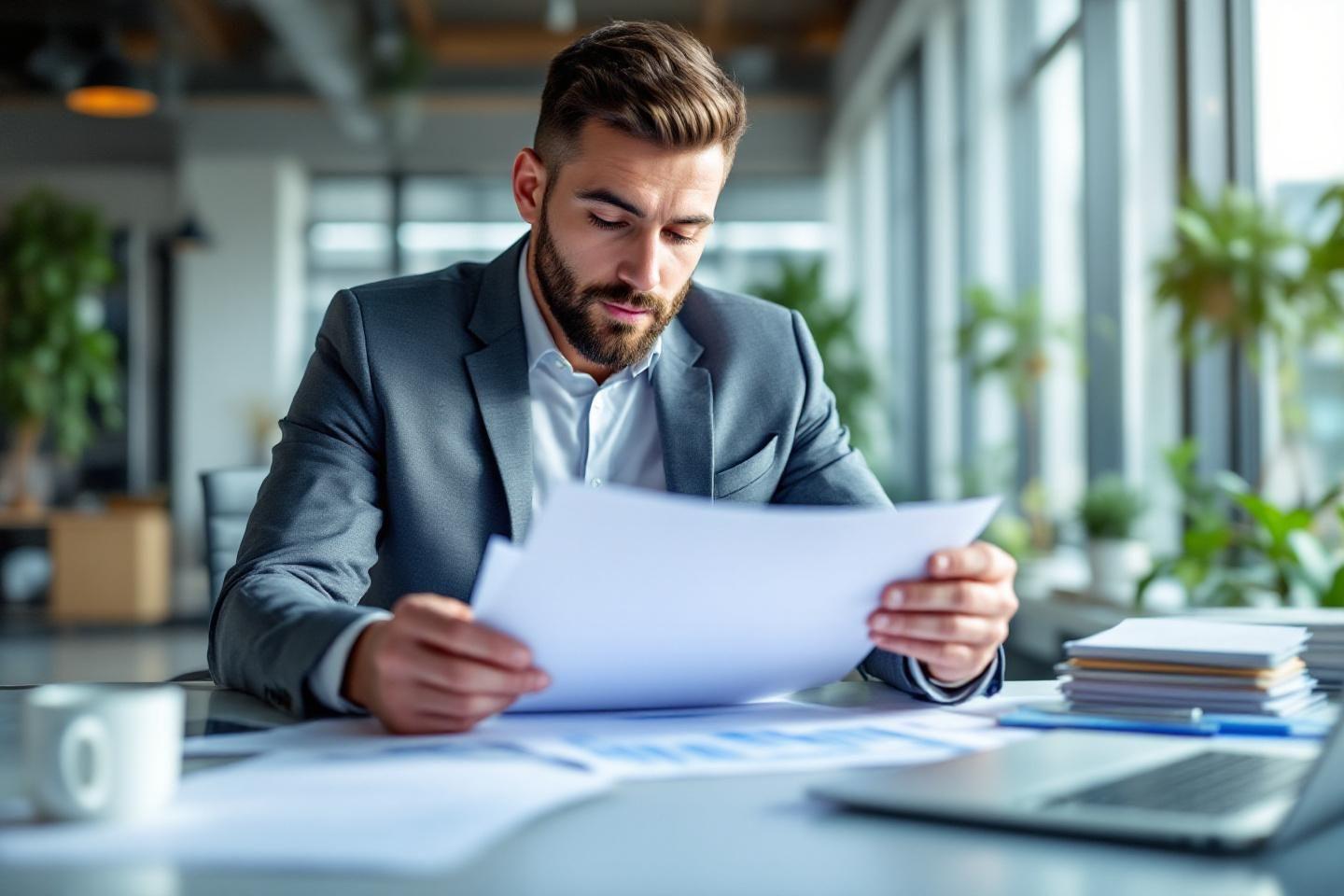 Professionnel en costume lisant attentivement des papiers au bureau